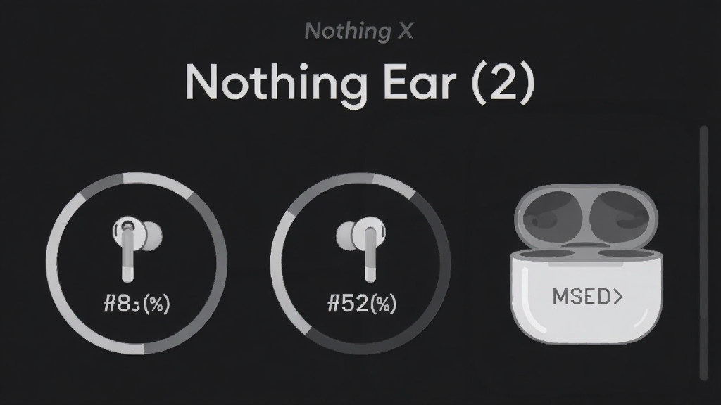 ���ܽ�ͼ���ͼƬ��չʾ��Nothing X��App���豸����ҳ�棬ҳ�涥����ʾNothing Ear (2)�������ƣ��·�������Բ�ε���ͼ��ֱ���ʾ������Ҷ��ͳ��е�ʣ������ٷֱȣ����������ɫ���⣬����Ϊ��ɫ�����岼�ּ������������ƽ����ϸ�ڷḻ�����ʸɾ��޶���Ԫ�ء�