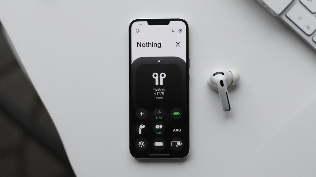 ���Ӿ�ͼ�����й�ͼ��չʾһ�������ֻ���Ļ������Ļ���ǡ�Nothing X��App�������棬�����Ժڰ׼�����Ϊ������ʾ��������״̬�͵�ص������ֻ��Ա߰ڷ���һ��Nothing Earϵ�а�ɫ����������Ϊǳ��ɫ���棬�ɾ����࣬����ִ��Ƽ��У�ϸ�����������ʸɾ��޶���Ԫ�ء�