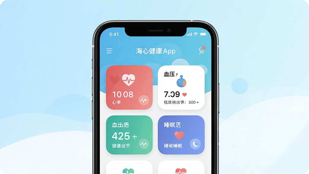 һ��չʾ���Ľ���App���Ĺ��ܵ�����ͼ������������һ�������ֻ�����Ļ��ʾ���Ľ����������棬�������ʡ�Ѫѹ��˯�ߵȽ������ݿ�Ƭ�����������µ�ǳ��ɫ�Ͱ�ɫ���䣬������Ƽ���ִ�����ƽ�����ͼ��Բ�󣬻��ʸɾ��޶���Ԫ�ء�