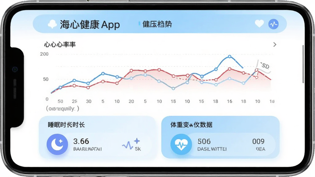 ���Ľ���App�Ľ������������ͼ����Ļ��չʾ����ͼ��ʽ�����ʺ�Ѫѹ���ƣ��·���˯��ʱ�������ر仯���ݿ�Ƭ�������԰�ɫ��ǳ��Ϊ������Ϣ�㼶��������ƬԲ����ƣ���ƽ����񣬻��ʸɾ��޶���Ԫ�ء�