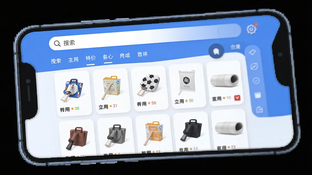 淘特价商城手机购物应用主界面展示,一部智能手机屏幕内显示简洁的购物列表,商品图片清晰排列,顶部有搜索栏和分类标签,整体布局清爽,蓝白配色,扁平化风格,细节圆润,画质干净无多余元素