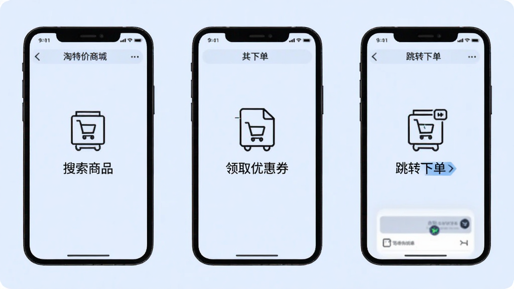 淘特价商城使用教程步骤图,手机屏幕依次显示搜索商品、领取优惠券、跳转下单三个步骤,每个步骤有简笔图标和文字说明,背景为浅蓝色,风格简洁明了,画质干净无多余元素