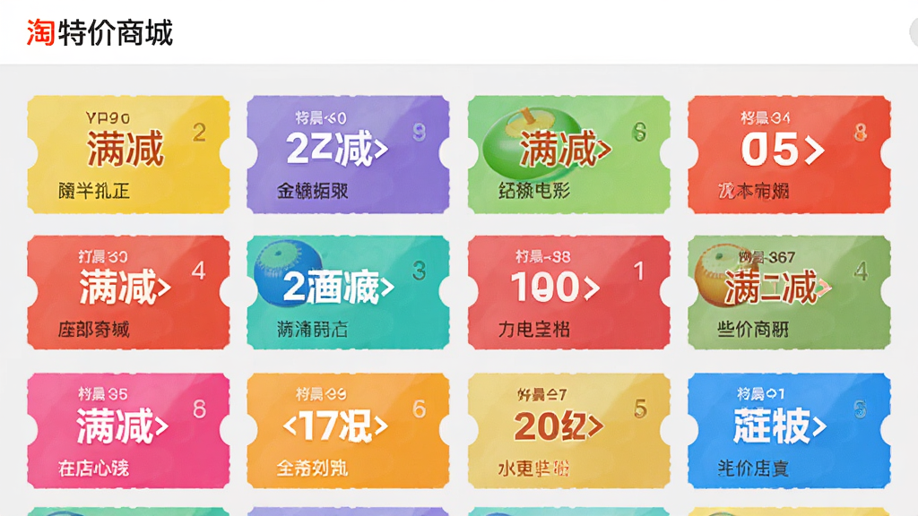 淘特价商城界面展示优惠券聚合页面,多张彩色优惠券卡片整齐排列,每张券上标有“满减”字样和店铺名称,背景是淡灰色,风格简洁明亮,突出“淘特价商城”品牌,画质干净无多余元素