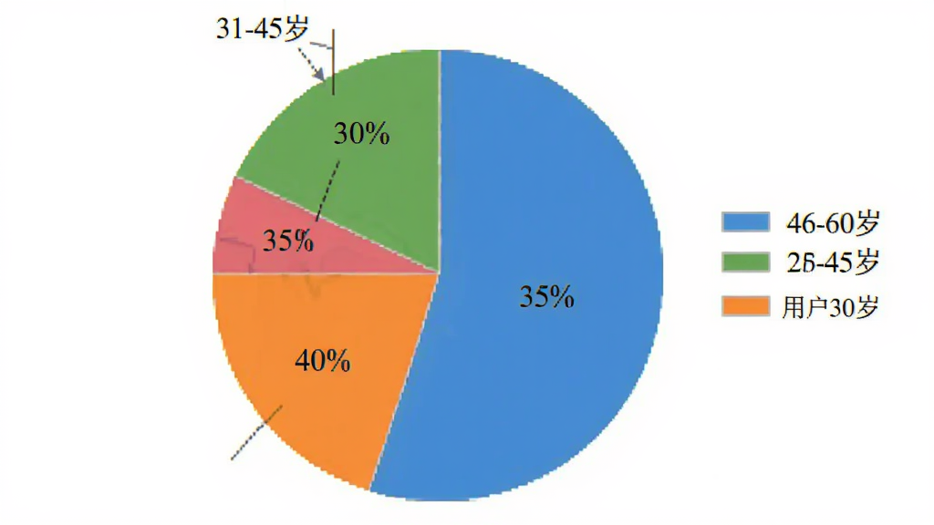 用户评价饼状图,显示18-30岁占40%,31-45岁占35%,46-60岁占25%,不同年龄段用不同颜色区分,图例清晰,背景为白色,风格简洁,画质干净无多余元素