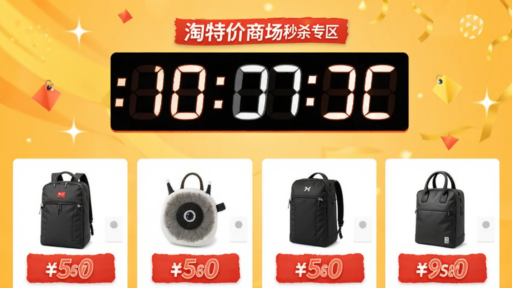 淘特价商城秒杀专区页面,倒计时时钟醒目显示,下方陈列几款折扣商品,价格标签用红色突出显示,背景为暖黄色,促销氛围浓厚,风格活泼,画质干净无多余元素