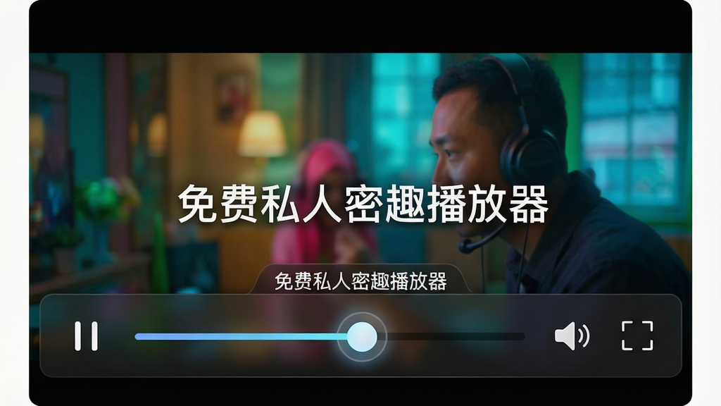 主体:一个打开的播放器界面,背景是正在播放的高清视频画面,画面中央悬浮着一个半透明的控制条,上面显示“免费私人密趣播放器”字样。布局:控制条位于画面底部三分之一处,左侧是播放/暂停按钮,中间是进度条,右侧是音量调节和全屏按钮。排版:界面图标采用线性风格,简洁明了,文字标签清晰。风格:深色背景,视频画面色彩鲜艳,形成鲜明对比。细节:进度条上有一个圆形滑块,周围有微弱的发光效果,整体观感流畅。画质:高清渲染,画面纯净,无多余UI干扰。