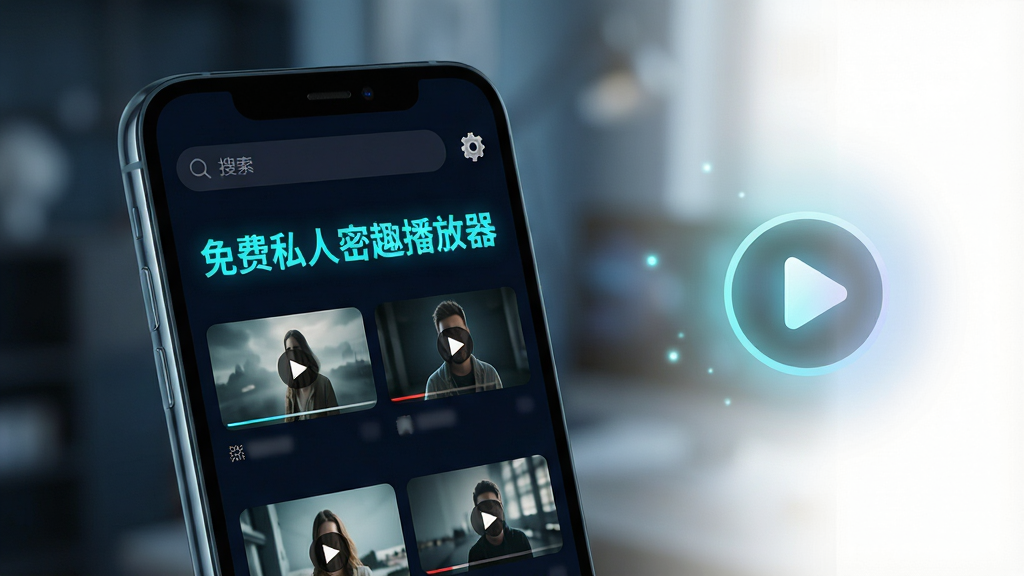 主体:一部智能手机屏幕占据画面中心,屏幕上清晰显示“免费私人密趣播放器”的应用界面,界面风格简洁现代,采用深色主题,视频列表以网格形式排列,顶部有搜索栏和设置图标。布局:手机位于画面中央偏左,右侧留白部分配以柔和的光效和播放按钮符号,整体构图平衡。排版:界面文字清晰可读,标题“免费私人密趣播放器”以亮色字体突出显示,下方是视频缩略图。风格:科技感与极简主义结合,色调以深蓝和黑色为主,辅以青色高光。细节:手机屏幕边缘有细微反光,光影过渡自然,背景虚化处理。画质:8K超高清,细节丰富,干净无多余元素。