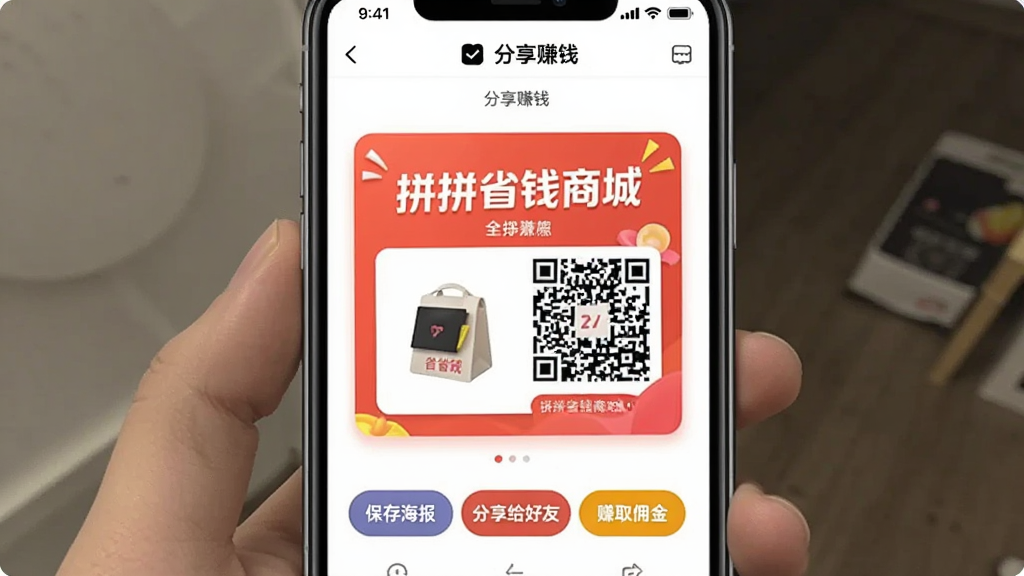 主体为一张手机截图,显示“拼拼省钱商城”的“分享赚钱”页面,界面中央有一个商品海报生成预览图,海报上有“拼拼省钱商城”字样、商品图片和二维码,下方有“保存海报”、“分享给好友”、“赚取佣金”三个按钮。布局居中,风格活泼,细节圆润,画质清晰无多余元素。