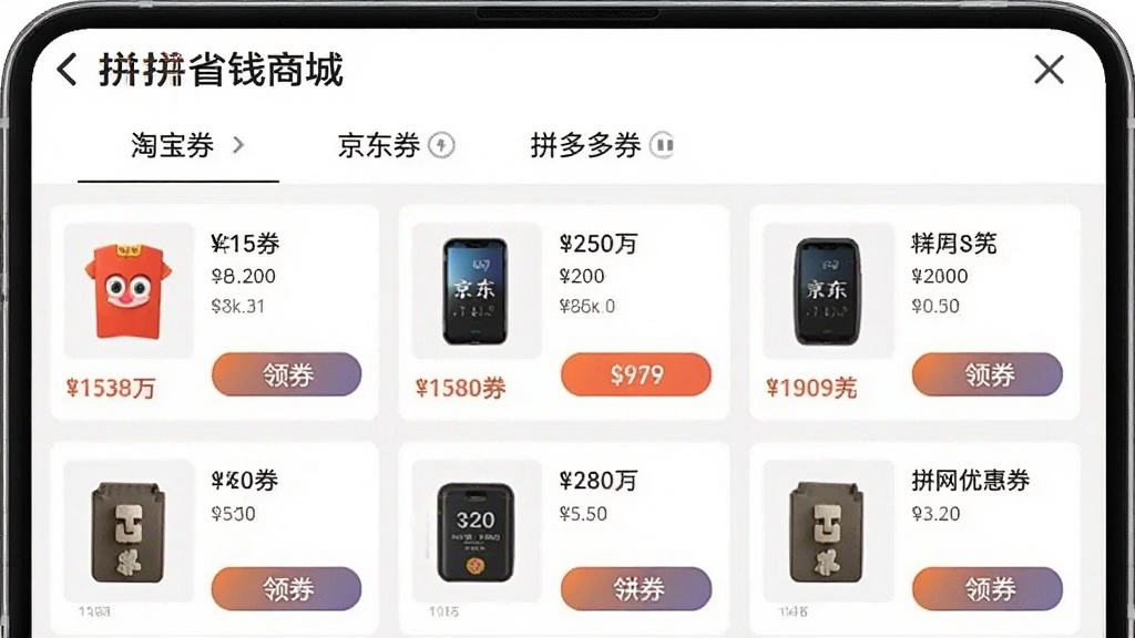 主体为一张手机界面截图,界面中展示“拼拼省钱商城”的“全网优惠券”页面,页面顶部有“淘宝券”、“京东券”、“拼多多券”三个标签,下方是商品卡片列表,每张卡片上有商品图片、价格和领券按钮。布局为上下结构,排版整齐,风格清新简约,细节清晰,画质干净无多余元素。