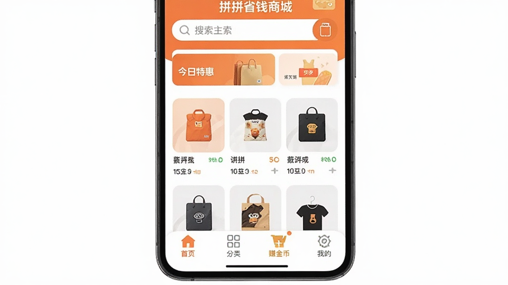画面主体为一部智能手机屏幕,屏幕中显示“拼拼省钱商城”App主界面,界面顶部有搜索栏和“今日特惠”字样,中部是商品瀑布流,底部有首页、分类、赚金币、我的四个选项卡。布局清晰,排版整洁,风格现代扁平,细节圆润,整体色调为橙色和白色,画质干净无多余元素。