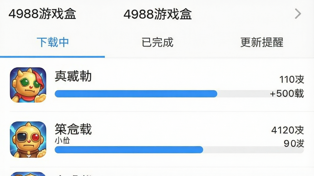 一张手机截图,显示“4988游戏盒”的下载管理页面,列表中有几个游戏正在下载,进度条显示速度,顶部有“下载中”、“已完成”、“更新提醒”三个标签,背景为白色,进度条为蓝色,界面简洁,画质干净无多余元素。