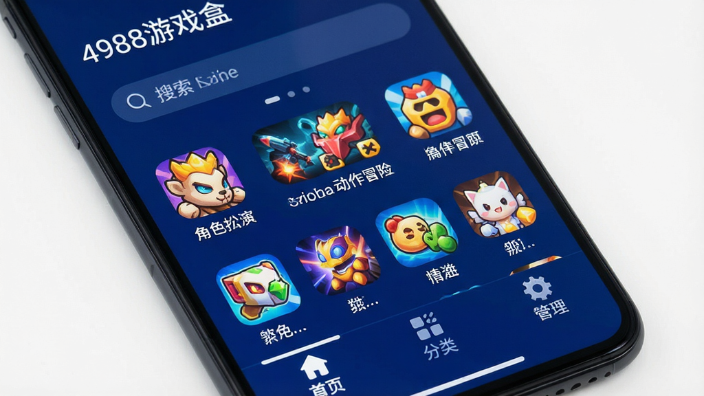 一张手机屏幕特写,屏幕中显示“4988游戏盒”主界面,界面布局清晰,顶部有搜索栏,中间是游戏分类图标,如角色扮演、动作冒险等,底部有“首页”、“分类”、“管理”三个选项卡,整体风格简洁现代,以深蓝色为主色调,图标色彩鲜艳,画质干净无多余元素。