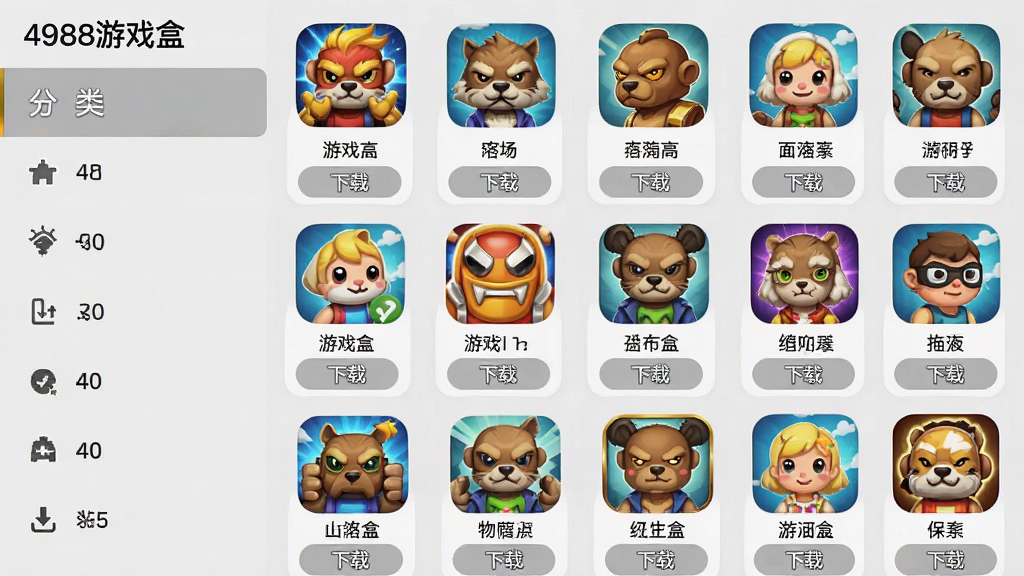 一张手机截图,显示“4988游戏盒”的游戏分类列表页面,左侧是分类栏,右侧是游戏图标和名称的网格排列,每个图标下方有“下载”按钮,页面背景为浅灰色,图标清晰,风格扁平化,画质干净无多余元素。
