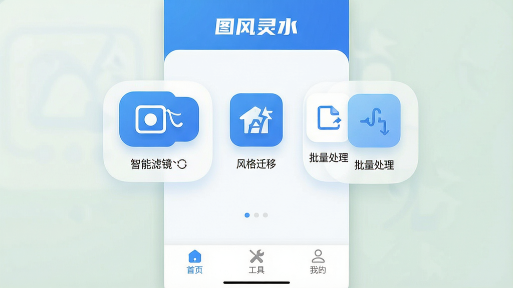 一张展示图风灵水App主界面的高清截图,界面以简洁的蓝白配色为主,顶部显示“图风灵水”品牌字样,中间是几个醒目的功能图标,如“智能滤镜”、“风格迁移”、“批量处理”,底部是“首页”、“工具”、“我的”三个选项卡,整体布局清晰,风格现代扁平,细节圆润,画质干净无多余元素。