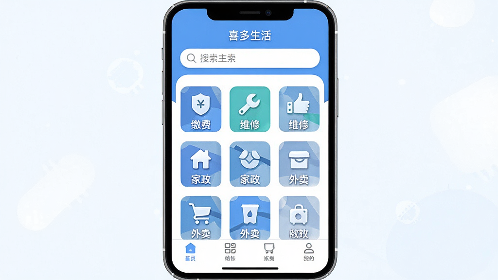 ���壺�ֻ���Ļչʾ��ϲ�����APP�����棬�������������в�����ͼ�����񣬵ײ������������֣����й�ͼ���ֻ�ռ�������塣�Ű棺ͼ���������У���������������ִ���ƽ�廭�磬��ɫ�������ס�ϸ�ڣ�����ͼ������ɷѡ�ά�ޡ������������ȡ����ʣ����壬�ɾ����޶���Ԫ�ء�