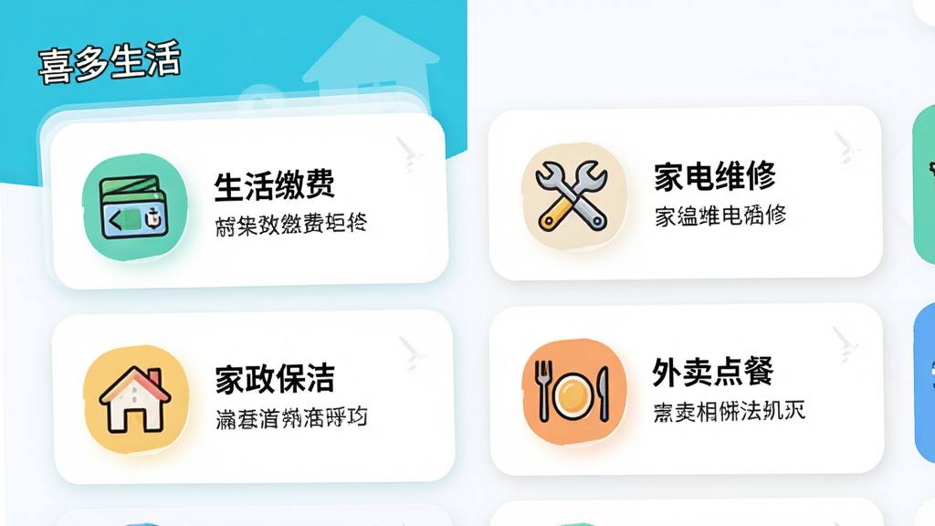 ���壺��ϲ�����APP�ķ������ҳ�棬չʾ������ɷѡ������ҵ�ά�ޡ������������ࡱ����������͡��ȿ�Ƭ�����֣����һ�����Ƭʽ���֡��Ű棺��ƬԲ�ǣ�ͼ��+���֡�������¼�࣬ɫ�����졣ϸ�ڣ�ÿ�ſ�Ƭ�ж�Ӧͼ��ͼ�����������ʣ����壬�ɾ����޶���Ԫ�ء�