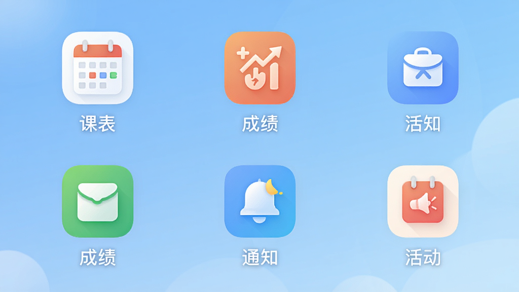 չʾ��ʦ�Ǻ�App�Ĺ��ܾۺ�ҳ�棬ͼ���������룬�������α��������ɼ�������֪ͨ����������ȣ�ÿ��ͼ���¶������ֱ�ǩ������Ϊǳ��ɫ���䣬�����������£����ʸɾ��޶���Ԫ�ء�