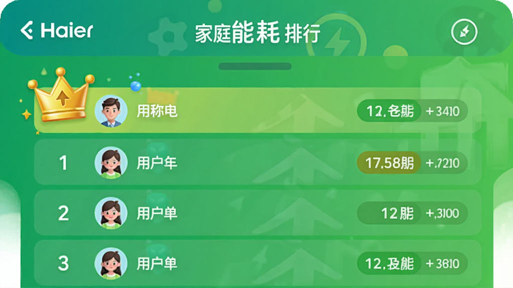 ��������app�ļ�ͥ�ܺ�����ҳ�棬չʾһ�����а��б�����һ���лʹ�ͼ�꣬ÿ����ʾ�û��ǳƺ��ܺĵȼ�����������ɫ���䣬��������ã����ʸɾ��޶���Ԫ��