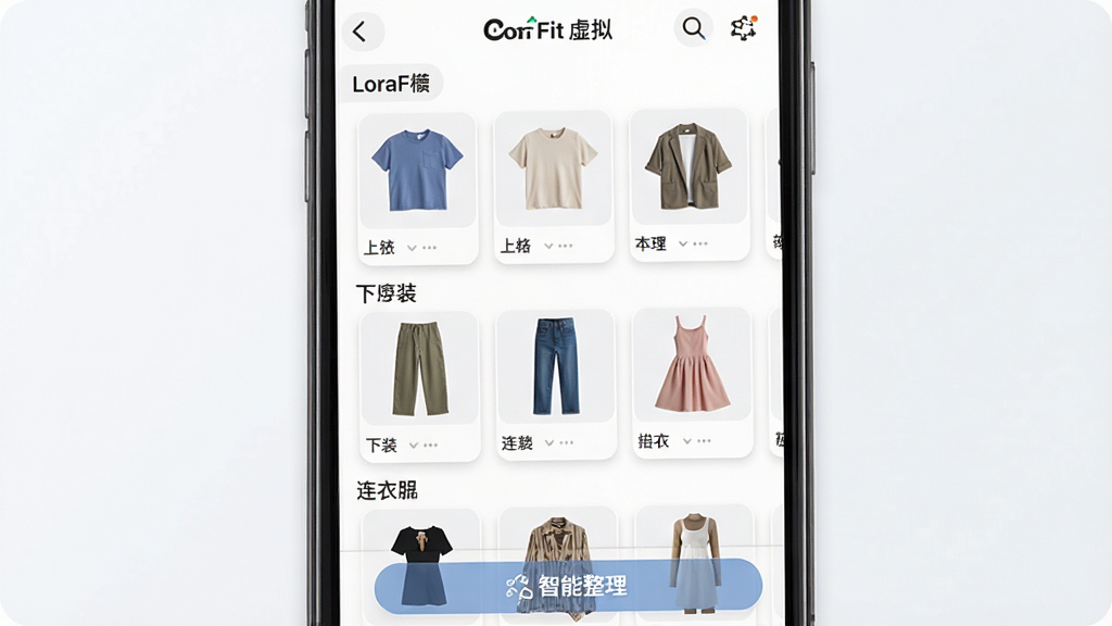 һ��չʾLoraFit�����³��������ܵ�ͼƬ���������ֻ����棬��ʾ��������������б��������¡���װ������ȹ�ȷ����ǩ���������񻯣��Ű�����������������࣬ϸ�ڴ�����������ͼ�͡�������������ť�����ʸɾ��޶���Ԫ��