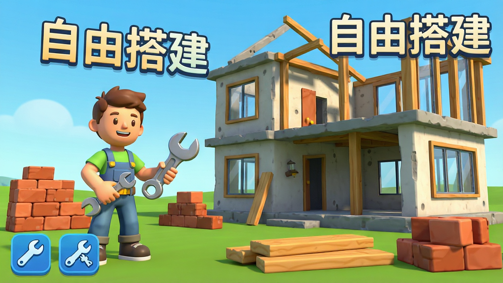 ���壺��Ϸ�����ɴ������һ����ҽ�ɫ�ְֳ���վ��δ�깤�ı���ë����ǰ����Χɢ���Ÿ��ֽ���ģ�飬��ש�顢ľ�塢�����������������и������֡����ɴ�������֣���ɫλ�ڻ�����࣬�������ռ���Ҳ�󲿷ֿռ䣬����ģ��ֲ���ǰ�����档�Ű棺�������Ͻ���ʾ�����ɴ�����⣬���½��й���ͼ�ꡣ���3D��ͨ������ɫ��������������������ʣ�����ϸ�壬�ɾ��޶���Ԫ�ء�
