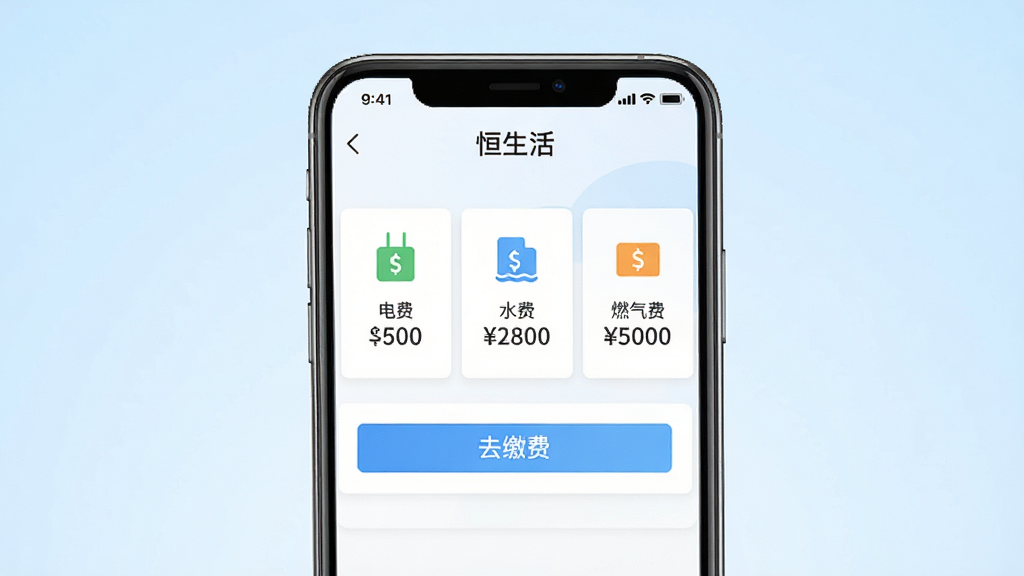 һ��չʾ�ֻ��ˡ������APP����ɷѹ��ܵ�ͼƬ�������������ֻ���Ļ��д����Ļ����ʾ��ѡ�ˮ�ѡ�ȼ���������ɷ���ڣ�ÿ���������Ӧ��ͼ��ͽ��·��ǡ�ȥ�ɷѡ���ť������Ϊ�ɾ���ǳ��ɫ���䣬����Ϊ�ֻ������־��У��Ű��࣬�����ˬ��ϸ�����������ʸɾ��޶���Ԫ�ء�