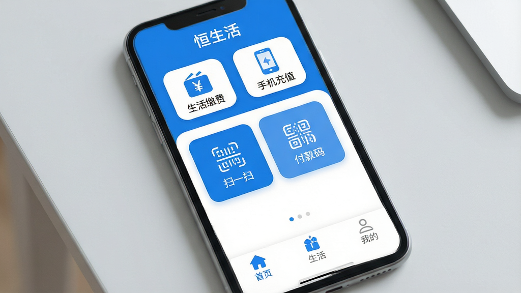 һ��չʾ�����ֻ���Ļ��ͼƬ����Ļ����ʾ�������APP�������棬����������ɫ�������С�����ɷѡ��͡��ֻ���ֵ��ͼ�꣬�в��ǡ�ɨһɨ���͡������롱���ܿ�Ƭ���ײ��С���ҳ��������������ҵġ�����ѡ����������ִ���ƽ�����ʸɾ��޶���Ԫ�أ���Ļ�ⱳ��Ϊǳ��ɫ���棬����ͻ���������������Ű�����������������ϸ��Բ�󣬻��ʸ��塣
