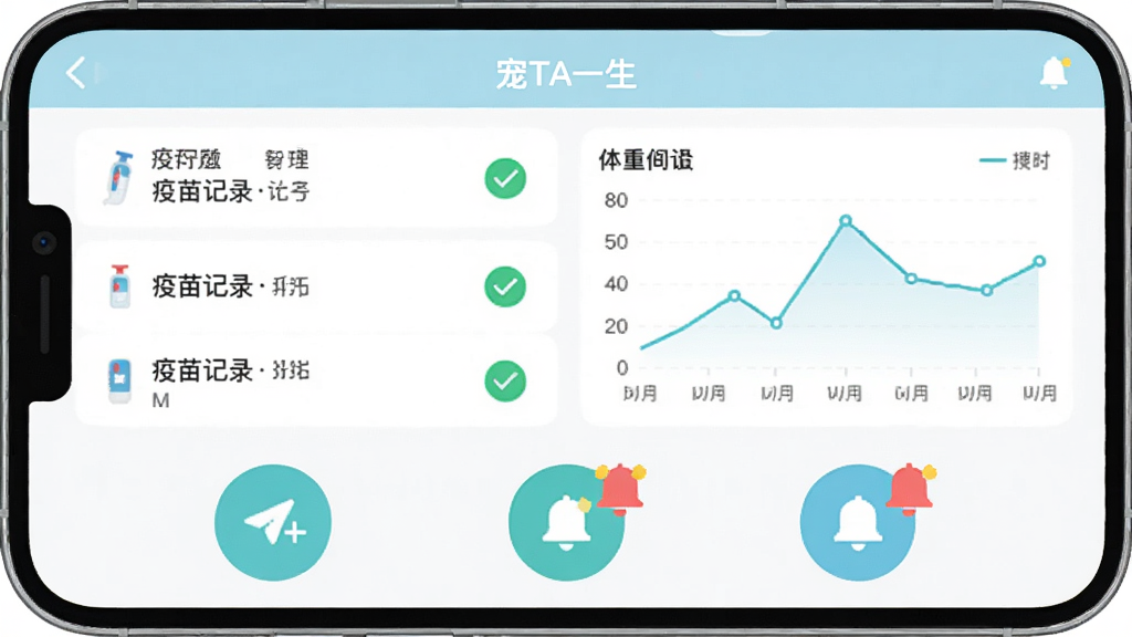 展示“宠TA一生”App的智能健康档案页面,主体是手机截屏风格,屏幕上有疫苗记录列表和体重折线图,下方有三个圆形按钮,布局左右对称,排版整洁,风格扁平化设计,细节包括绿色勾选标记和红色提醒小铃铛,画质干净无多余元素。