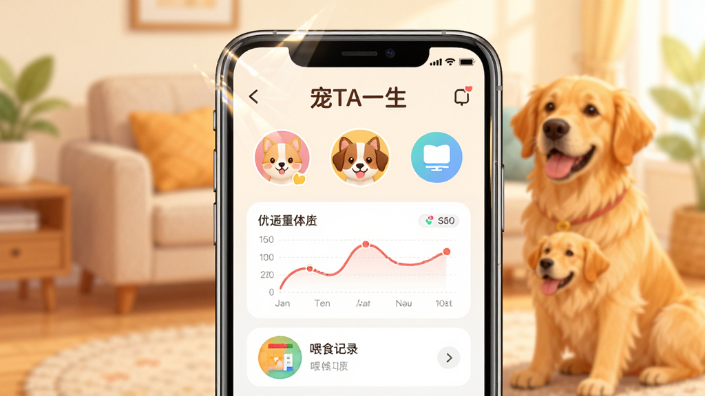 一幅温暖明亮的插画风格图片,主体是手机屏幕展示“宠TA一生”App主界面,界面包含宠物头像、体重曲线图、喂食记录图标,背景是模糊的客厅和一只金毛犬,整体布局居中,排版清晰,风格温馨治愈,细节包括手机边框反光、屏幕内彩色图标,画质干净无多余元素。