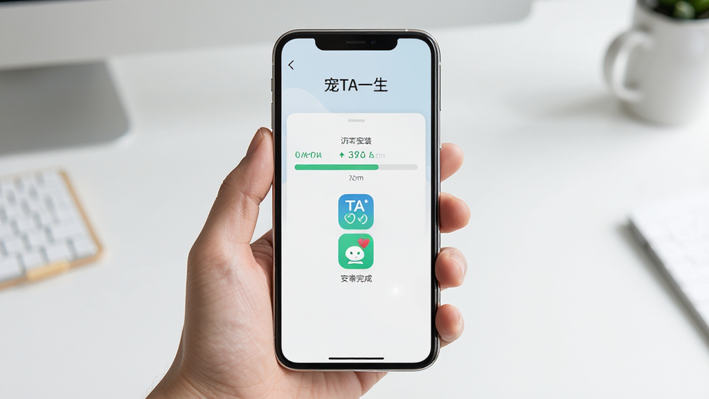 一幅展示手机安装“宠TA一生”App过程的图片,主体是一只手拿着手机,屏幕显示安装进度条,背景是简约桌面,布局居中,排版干净,风格写实,细节包括手机边缘高光、安装完成后的应用图标,画质清晰无多余元素。