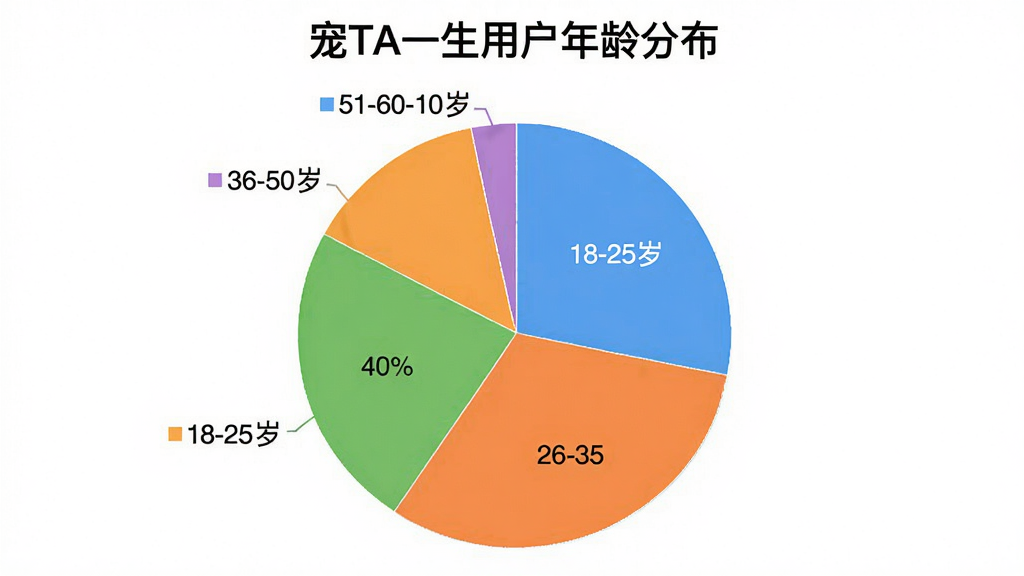 一幅展示用户评价数据的饼状图,标题为“宠TA一生用户年龄分布”,图中包含18-25岁占25%,26-35岁占40%,36-50岁占25%,51-60岁占10%,不同颜色区分,整体风格简洁明亮,排版清晰,画质干净无多余元素。