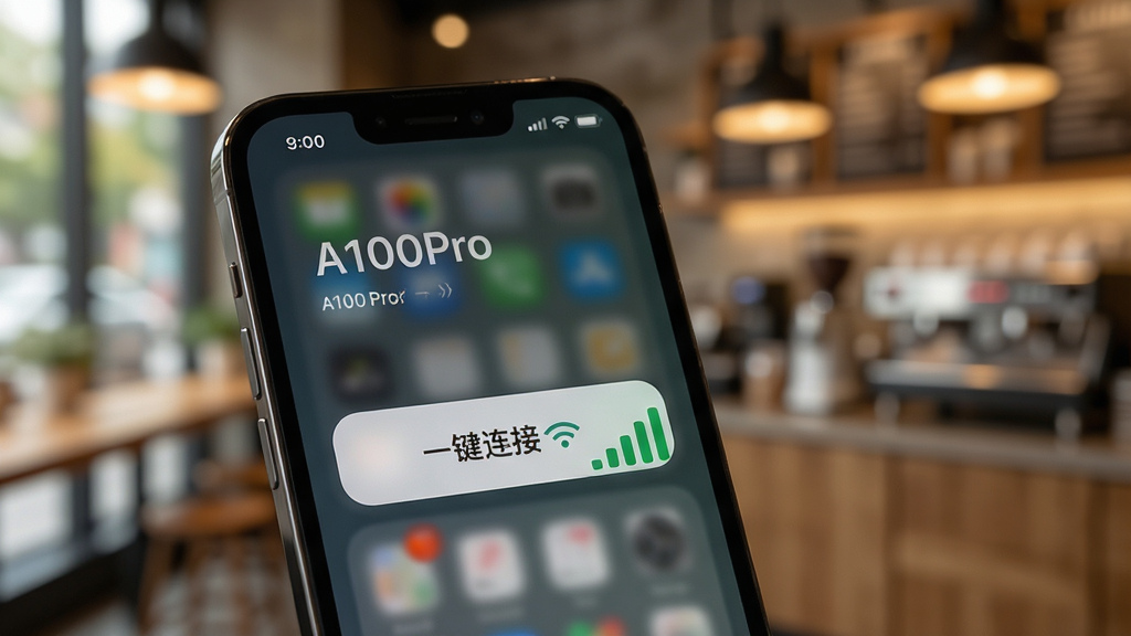 һ�������ֻ���Ļ��д����Ļ����ʾA100Pro�����棬����Ŀ�ġ�һ�����ӡ���ť���ź�ǿ��ͼ�꣬������ģ���Ŀ��ȹݻ�����ůɫ��������ɾ���ͻ������������޶���Ԫ�أ��߻���