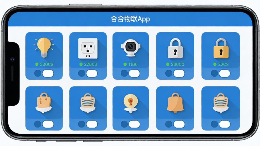 һ������App���豸����ҳ�棬�ֻ����������������ŵ��ݡ�����������ͷ���������豸ͼ�꣬ÿ��ͼ���·���ʾ����״̬�Ϳ��ذ�ť������������������ɫ����ƽ����ƣ����ʸɾ����޶���Ԫ��