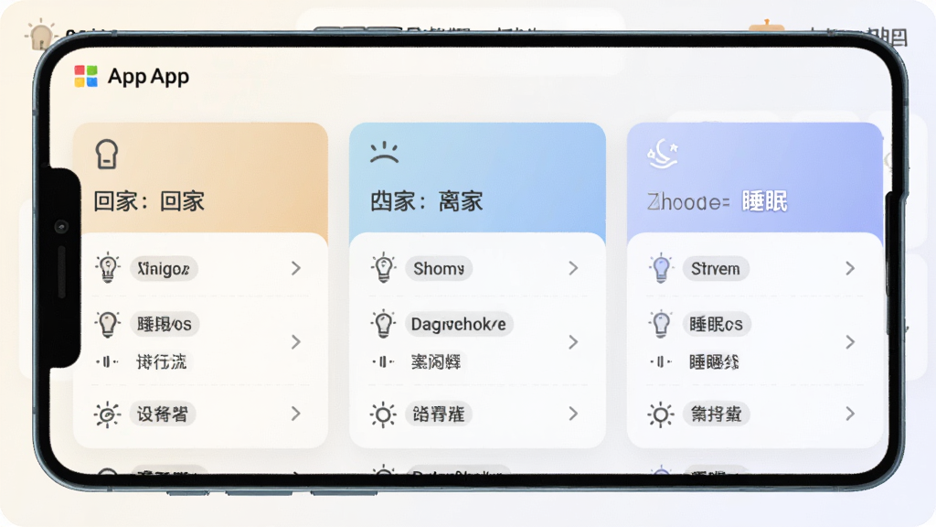 һ������App�ĳ����������ý��棬չʾ�ؼҡ���ҡ�˯������ģʽ��ÿ��ģʽ�·��ж�Ӧ���豸�����б��������࣬ɫ����ͣ�����ִ��������������޶���Ԫ��