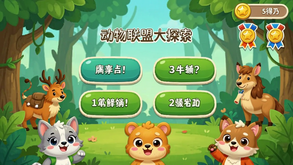 �������˴�̽�����ʴ���Ϸ�����ͼ����Ļ������ʾһ�����ڶ����ѡ���⣬�ĸ�ѡ�ť��������ɭ�ֺͶ���Ĳ廭�����Ͻ���ʾ�÷ֺ�ѫ��ͼ�꣬�·��������ɰ���С�����ɫ��������ͨ�磬�����������޶���Ԫ�ء�