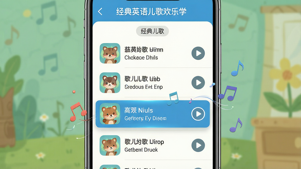 ���壺�ֻ���Ļ��д����ʾ������Ӣ����軶��ѧ��APP�ڵĸ����б�ҳ���б��и���������Ӣ˫���ע��������Сͼ�ꡣ���֣��ֻ����У���Ļ���������ɼ����б����ϵ������С��Ű棺�б��Ϸ��С�������衱�����ǩ��ÿ��������Ŀ�в��Ű�ť�����дʵ��廭��ϣ���Ļ���Ǳ�ƽUI��ơ�ϸ�ڣ���Ļ��һ�׸豻����ѡ�У���Χ������Ʈ�������ʣ����壬�ɾ����޶���Ԫ�ء�