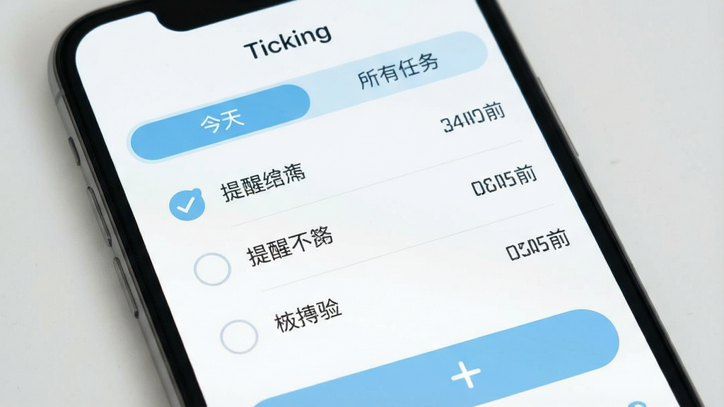 一张手机屏幕的特写,屏幕中显示一款名为“Ticking”的待办清单应用主界面,界面以白色和淡蓝色为主,顶部有“今天”和“所有任务”两个标签,中间是几条待办事项,每条左侧有圆形复选框,右侧有提醒时间,底部有一个“+”号按钮,整体风格简洁现代,扁平化设计,细节圆润,画质干净无多余元素。