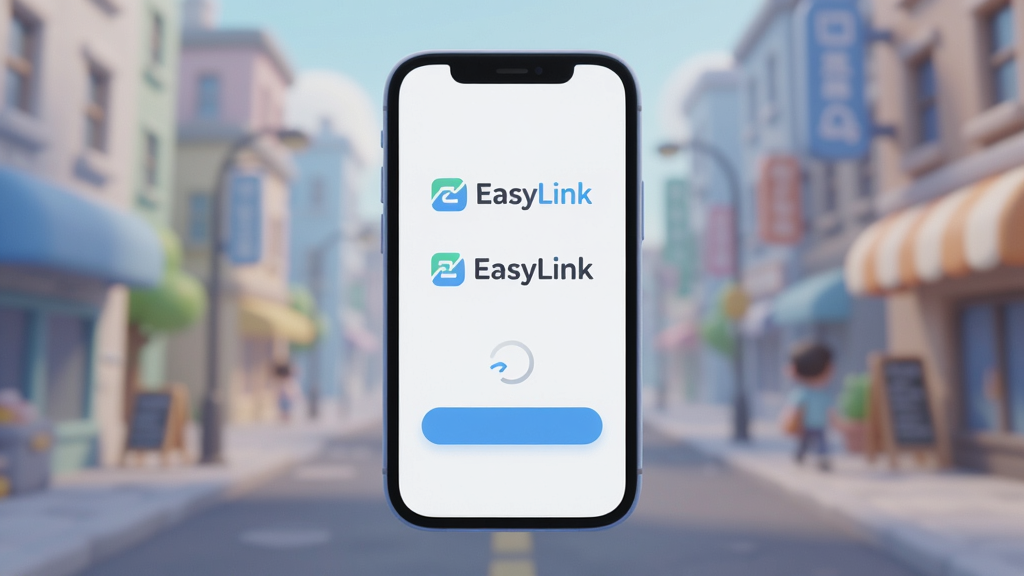 一张智能手机屏幕特写,屏幕中央显示“EasyLink”的logo和简洁的连接界面,背景是模糊的城市街景,画面以蓝白为主色调,风格现代扁平,细节圆润,光线柔和,画质干净无多余元素。