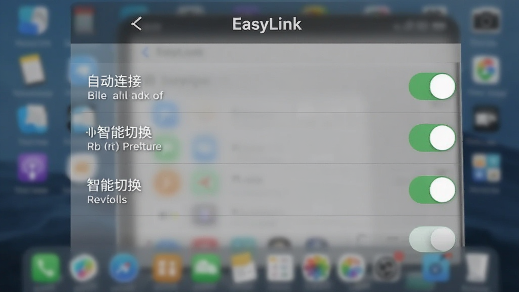 一张手机截图,展示“EasyLink”的设置页面,各项开关清晰可见,背景是模糊的桌面,画面简洁,突出“自动连接”、“智能切换”等选项,风格扁平,画质干净,无多余元素。