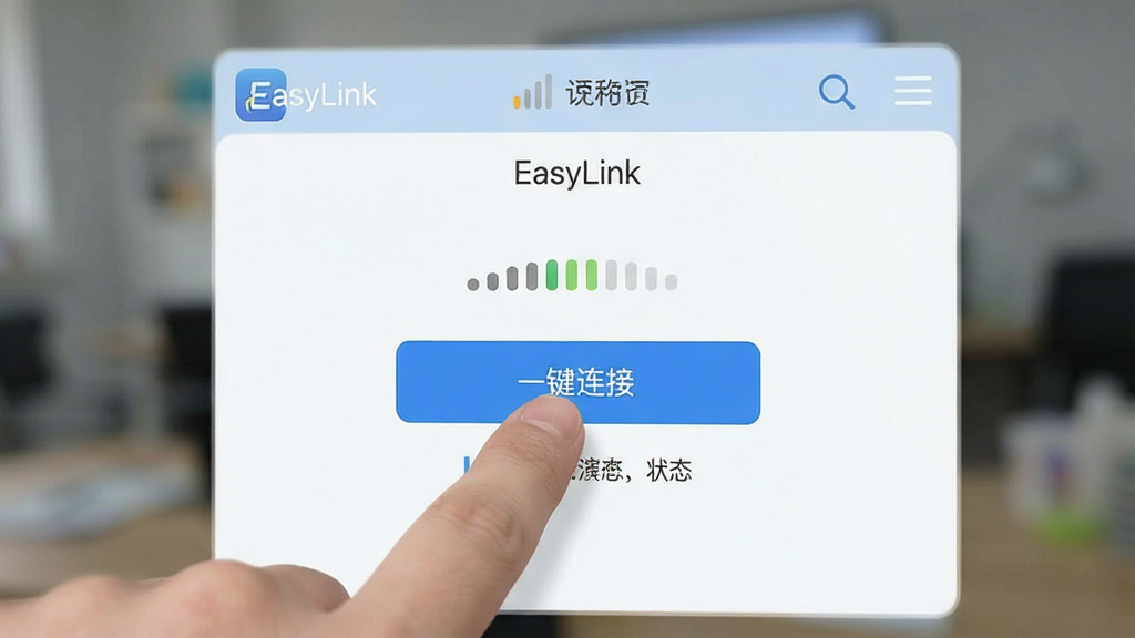 一张操作演示截图,手指点击“EasyLink”应用界面上的“一键连接”按钮,界面简洁,只有信号强度指示和连接状态提示,背景虚化,突出操作便捷性,风格扁平清爽,画质高清,无多余元素。
