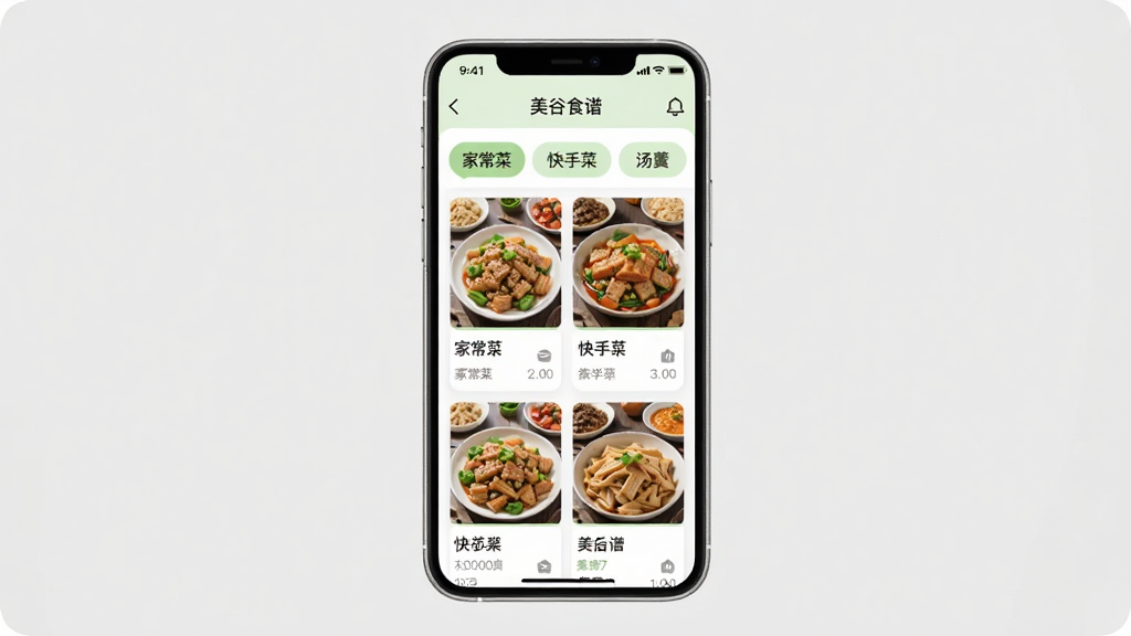 չʾ������ʳ�ס�App���б�ҳ�棬�ֻ��������У���Ļ����ʾ���ർ���硰�ҳ��ˡ��������ֲˡ������������ȣ�ÿ���������Ǵ�����ͼ�Ĳ��׿�Ƭ�������Ű�������ˬ�������԰�ɫ��ǳ��ɫΪ��ɫ��������ƽ�ִ����ֻ���Χû���������Ϊ��ǳ��ɫ�����ʸɾ��޶���Ԫ��