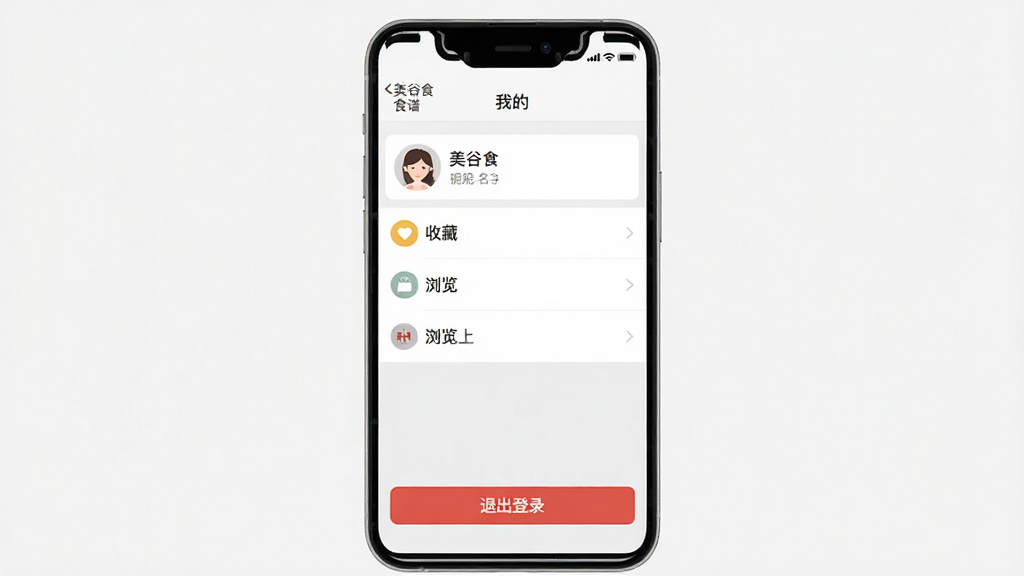 һ���ֻ���Ļ��ͼ����ͼƬ����ʾ������ʳ�ס�App�ġ��ҵġ�ҳ�棬ҳ������ͷ���ǳơ��ղ��б��������ʷ��ѡ��·���һ����ɫ�ġ��˳���¼����ť�������࣬�԰�ɫ�ͻ�ɫΪ��������Ϊ��ɫ�����ʸɾ��޶���Ԫ��