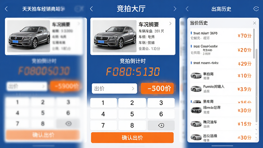 ���壺�����ĳ�������App�ġ����Ĵ�����ҳ�棬������һ����������ϸ��Ϣ��壬�·��ǳ��������͵�ǰ��߼���ʾ�����֣��Ϸ�Ϊ����ͼƬ�ͳ���ժҪ���м�Ϊ���ĵ���ʱ�͵�ǰ�۸��·�Ϊ���ּ��̺͡�ȷ�ϳ��ۡ���ť���Ű棺��Ϣ�㼶�������ص������ô������ͻ�������������ɫ���������ɫ������ť������������ϸ�ڣ�����ʱ���ֶ�̬��ʾ��������ʷ�б��ɹ��������ʣ��ɾ����޶���Ԫ�ء�