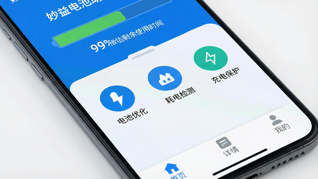 一张智能手机屏幕的特写,屏幕上清晰显示“妙益电池助手”的主界面,界面风格简约现代,以蓝白为主色调,顶部显示电池健康度99%和预估剩余使用时间,中间是几个圆形的功能图标,分别是“电池优化”、“耗电检测”、“充电保护”,底部有“首页”、“详情”、“我的”三个选项卡,画面干净明亮,细节清晰,整体呈现专业可靠的感觉,画质高清,无多余元素。