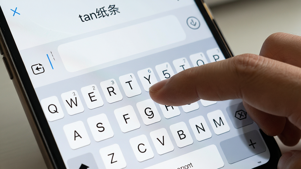 一张展示“tan纸条”快速记录功能的截图,手指正在屏幕上打字,界面干净,只有键盘和输入框,顶部有“tan纸条”字样,风格简约,布局清晰,画质细腻,无多余元素