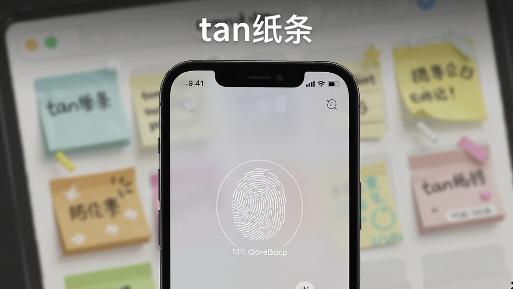 一张展示“tan纸条”隐私锁功能的图片,手机屏幕显示指纹解锁界面,背景是模糊的便签列表,顶部有“tan纸条”字样,风格现代,细节丰富,画质清晰,无多余元素