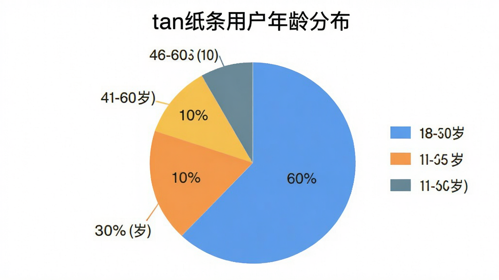 一张用户年龄分布饼状图,展示18-30岁占60%,31-45岁占30%,46-60岁占10%,标题为“tan纸条用户年龄分布”,风格简洁,配色清晰,画质干净,无多余元素