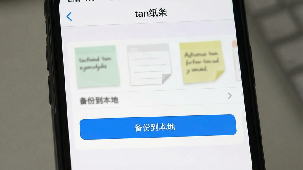 一张展示“tan纸条”备份设置的截图,手机屏幕显示设置界面,有“备份到本地”按钮,背景是模糊的便签列表,顶部有“tan纸条”字样,风格简洁,布局清晰,画质干净,无多余元素