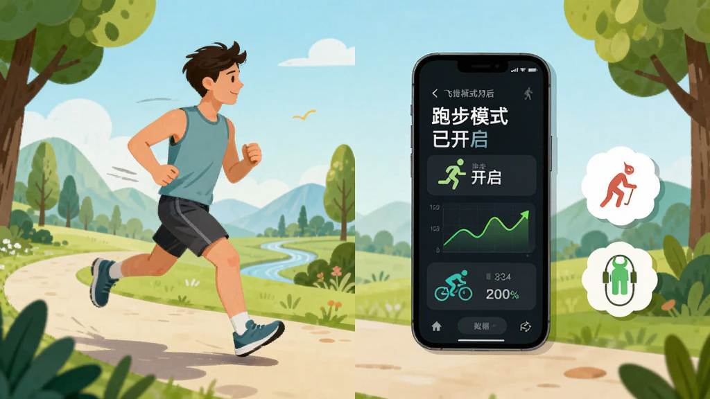 主体:飞鼠运动应用在后台自动识别不同运动模式的示意图,画面中一位用户正在户外慢跑,手机屏幕显示“跑步模式已开启”,旁边有步行、骑行、跳绳的小图标。布局采用横向分栏,排版直观,风格插画感,细节丰富,画质干净。