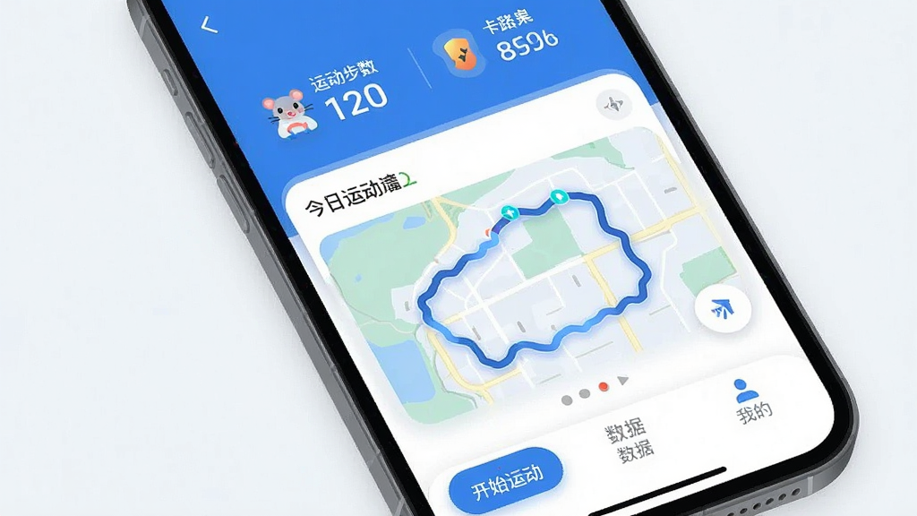 主体:一部智能手机屏幕显示飞鼠运动应用的主界面,界面风格简洁现代,以蓝色和白色为主色调,顶部显示运动步数和卡路里消耗,中间是今日运动轨迹地图,底部有“开始运动”、“数据”、“我的”三个标签。布局清晰,排版整洁,风格扁平化,细节圆润,画质干净无多余元素。