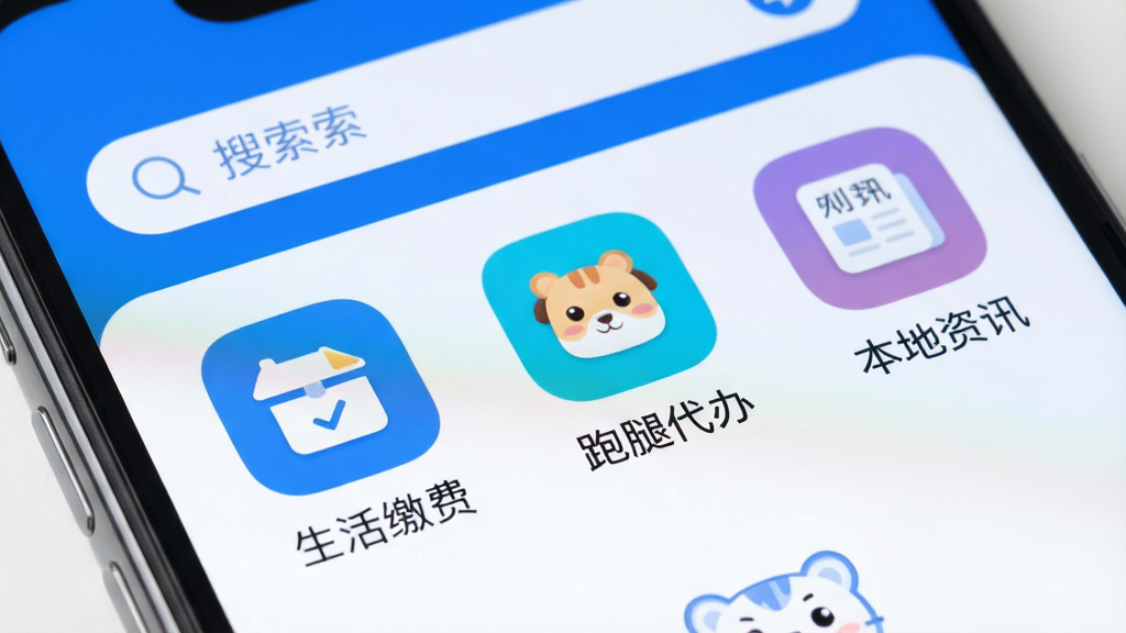 一张智能手机屏幕的特写,屏幕上清晰显示“帮帮虎”App的主界面,界面采用简洁的蓝白配色,顶部是搜索栏,下方整齐排列着“生活缴费”、“跑腿代办”、“本地资讯”等功能图标,整体风格现代扁平,图标圆润可爱,画质干净明亮,无多余元素。